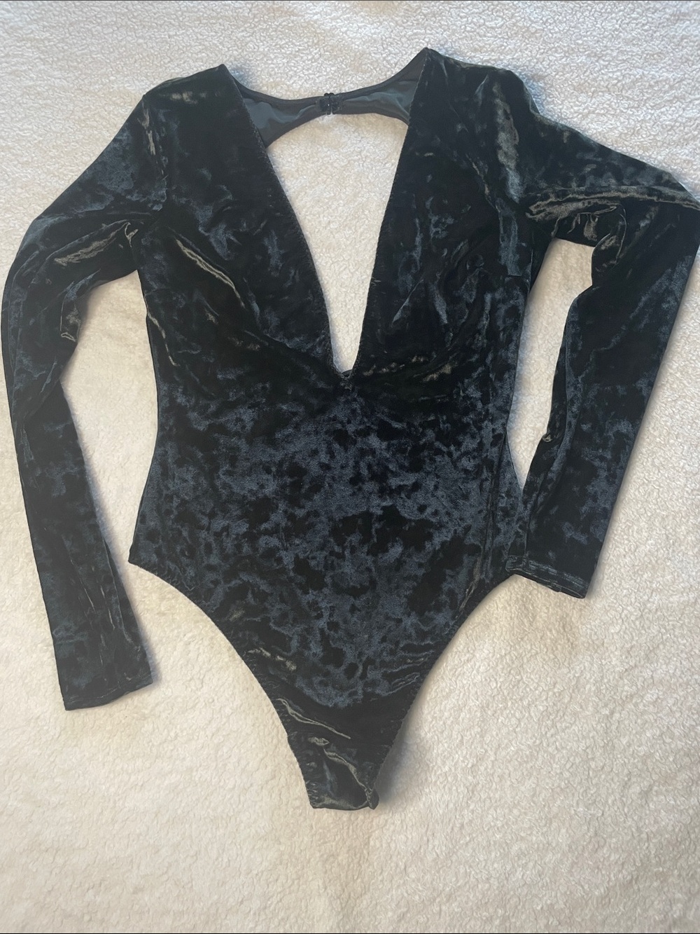 Green Crushed Velvet Long Sleeve Plunge Backless VS Bodysuit
